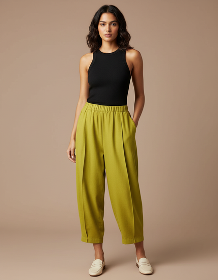 Pantalon À Pince Kaki Ample Plissé Taille Haute Femme - Lin