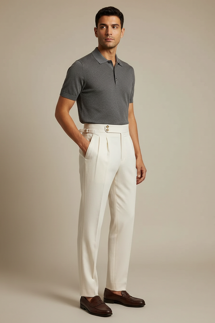 Pantalon À Pince Crème Plissé Droit Élégant Décontracté - Beige Gabardine