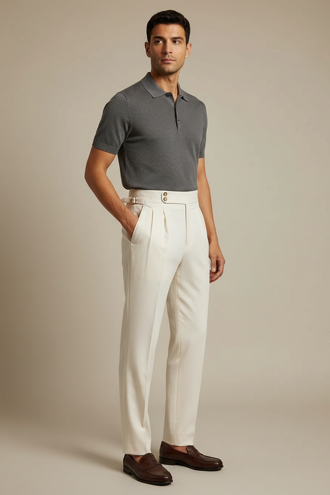 Pantalon À Pince Crème Plissé Droit Élégant Décontracté - Beige Gabardine