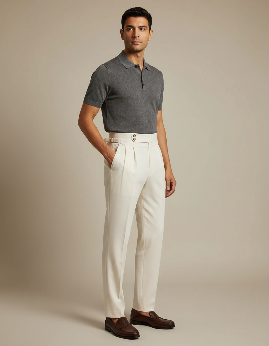 Pantalon À Pince Crème Plissé Droit Élégant Décontracté - Beige Gabardine