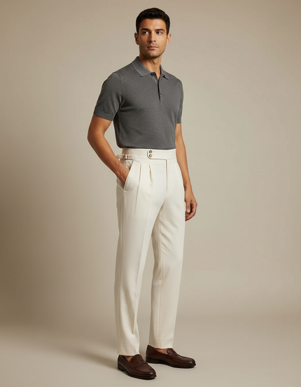 Pantalon À Pince Crème Plissé Droit Élégant Décontracté - Beige Gabardine