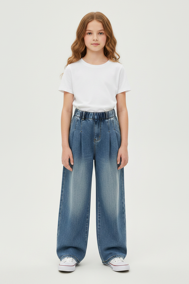 Pantalon À Pince Bleu Denim Ample Plissé Enfant - Jean