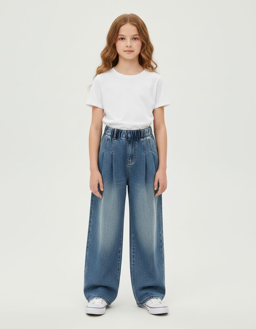 Pantalon À Pince Bleu Denim Ample Plissé Enfant - Jean