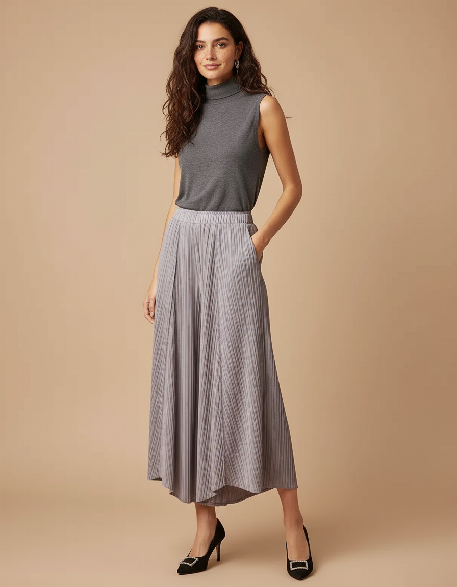 Pantalon À Pince Plissé Ample Fluide Gris Femme - Polyester