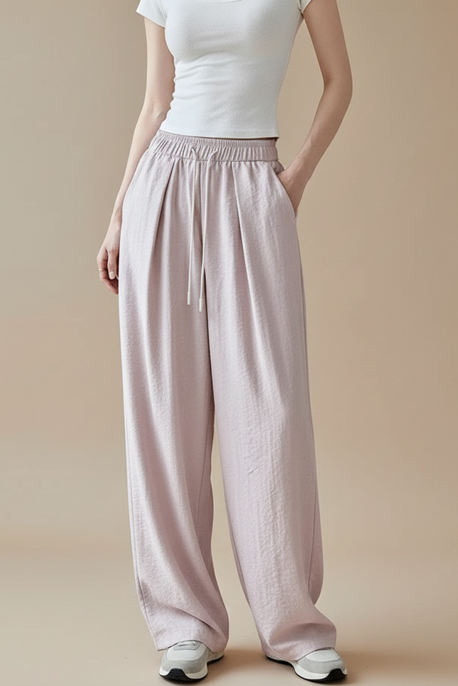 Pantalon À Pince Rose Plissé Fluide Décontracté Femme - Viscose