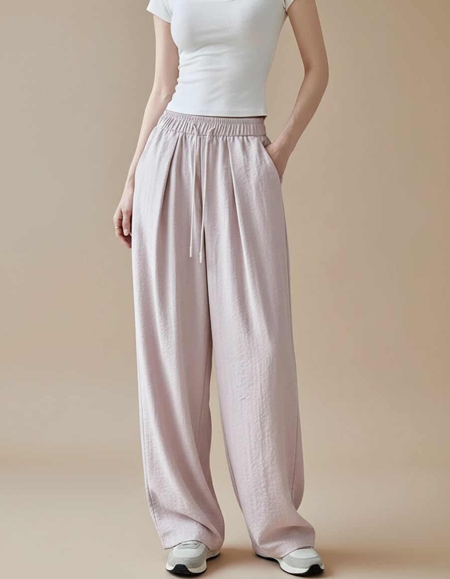 Pantalon À Pince Rose Plissé Fluide Décontracté Femme - Viscose