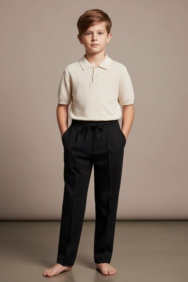 Pantalon À Pince Noir Droit Cordon Décontracté Garçon - Gabardine