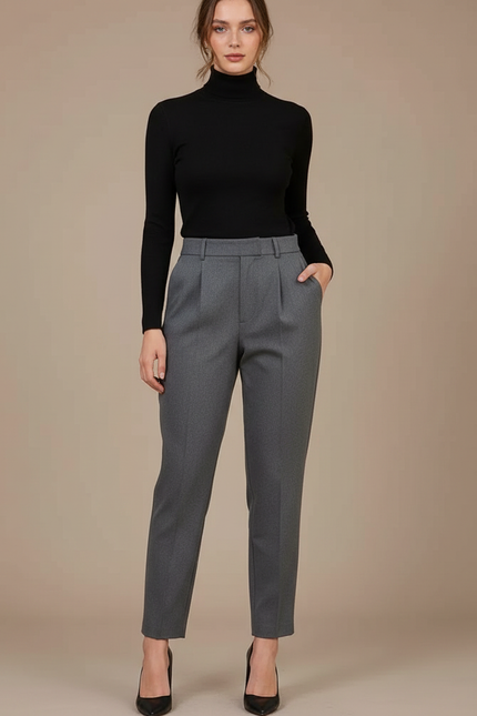 Pantalon À Pince Gris Élégant Taille Haute Slim - Laine