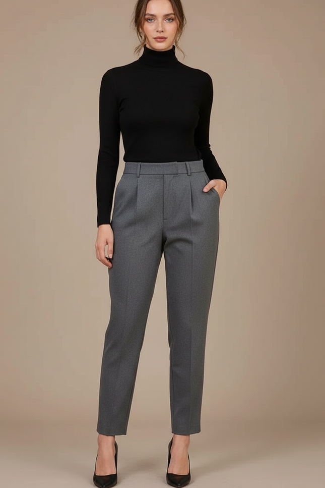 Pantalon À Pince Gris Élégant Taille Haute Slim - Laine