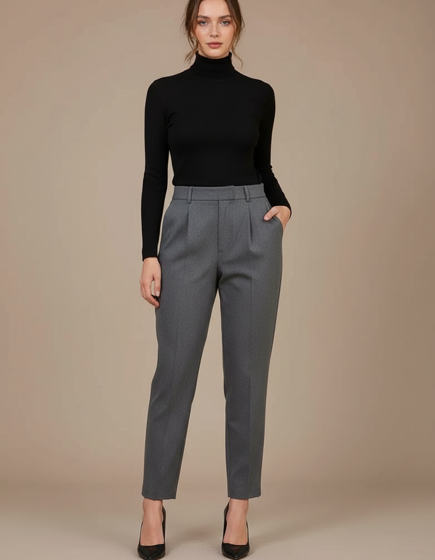 Pantalon À Pince Gris Élégant Taille Haute Slim - Laine