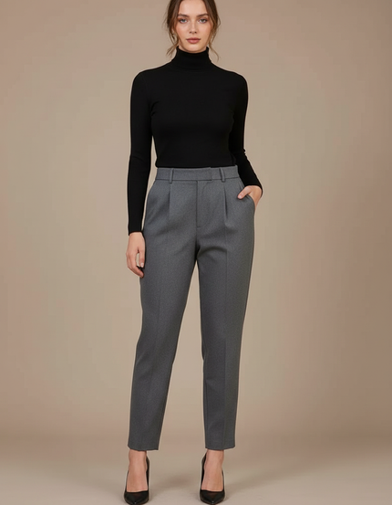 Pantalon À Pince Gris Élégant Taille Haute Slim - Laine
