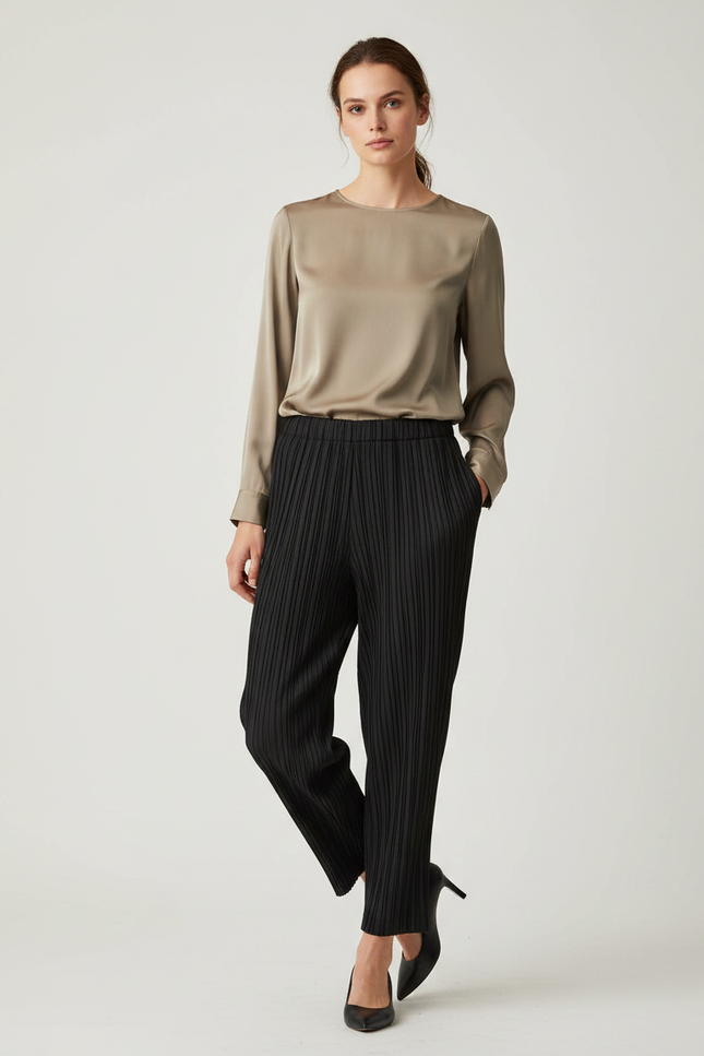 Pantalon À Pince Noir Plissé Ample Confortable - Polyester