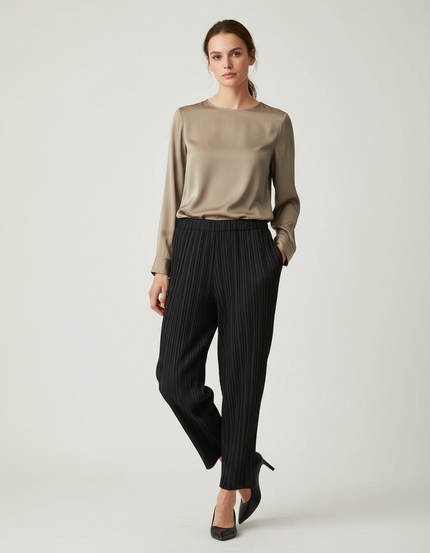 Pantalon À Pince Noir Plissé Ample Confortable - Polyester