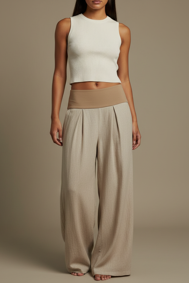 Pantalon À Pince Beige Ample Fluide Plissé Décontracté - Lin
