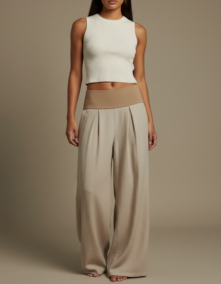 Pantalon À Pince Beige Ample Fluide Plissé Décontracté - Lin