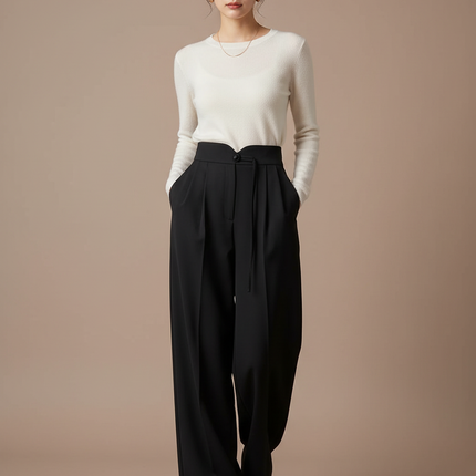 Pantalon À Pince Noir Ample Taille Haute Fluide Femme - Polyester