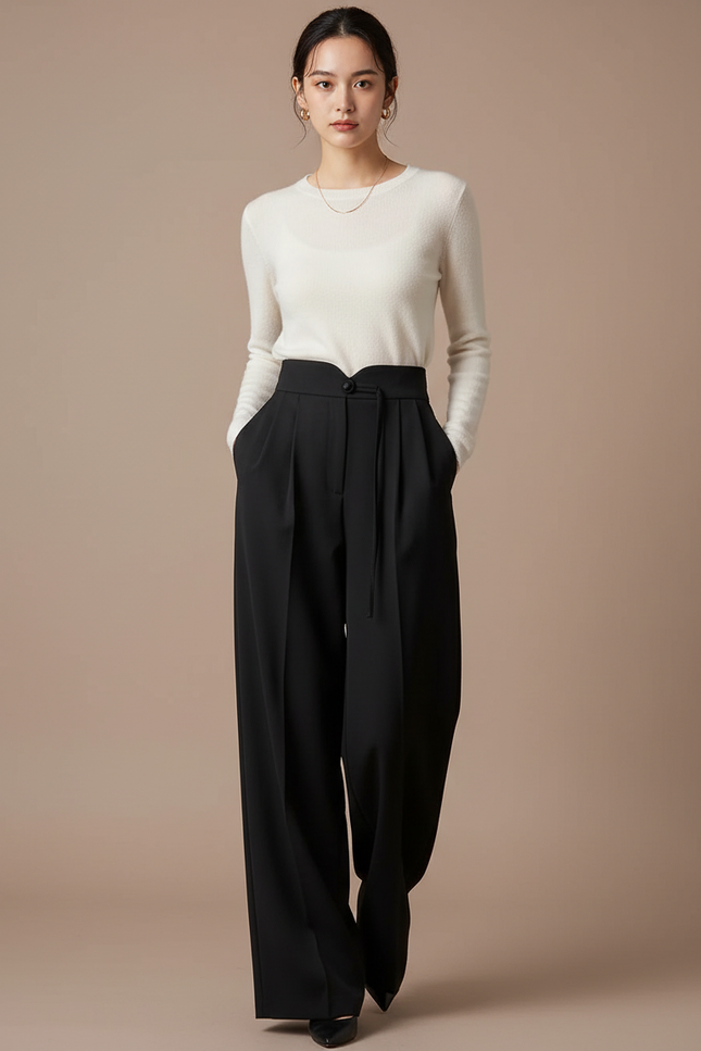 Pantalon À Pince Noir Ample Taille Haute Fluide Femme - Polyester