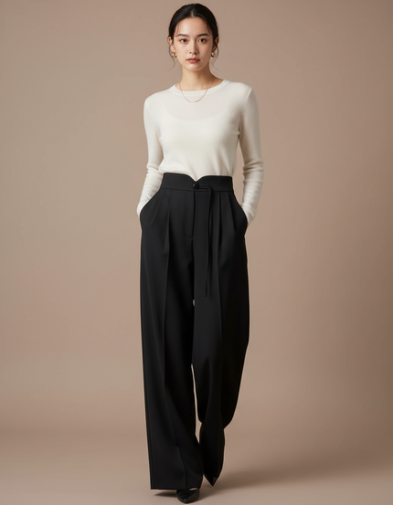 Pantalon À Pince Noir Ample Taille Haute Fluide Femme - Polyester