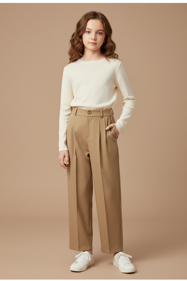 Pantalon À Pince Marron Ample Taille Haute Enfant - Camel Gabardine