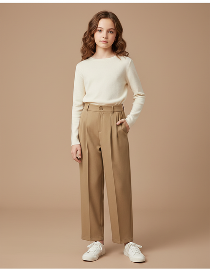 Pantalon À Pince Marron Ample Taille Haute Enfant - Camel Gabardine