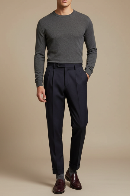 Pantalon À Pince Bleu Marine Plissé Élégant Fluide Homme - Gabardine
