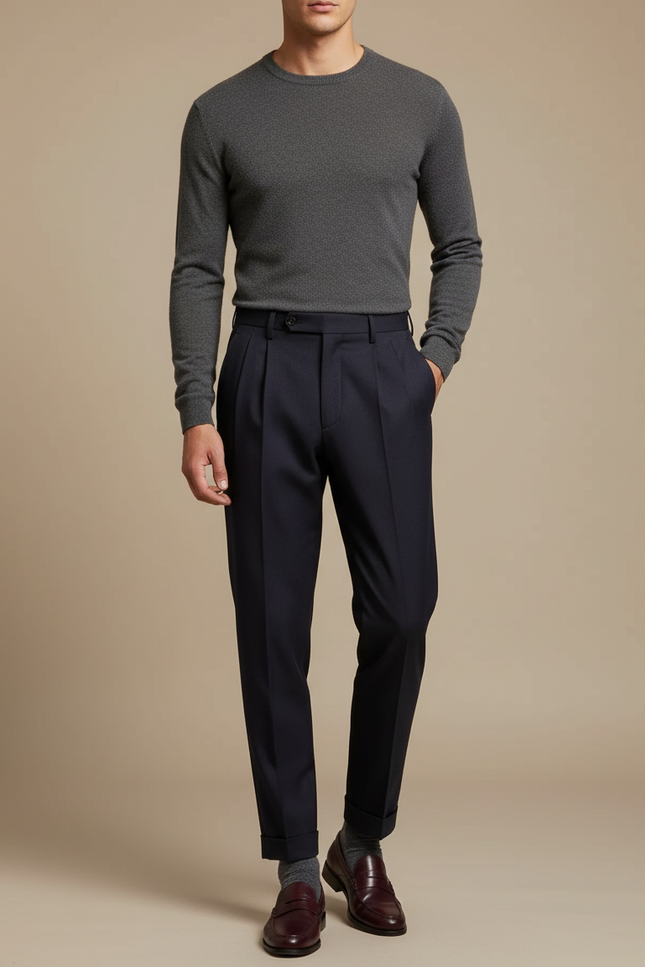 Pantalon À Pince Bleu Marine Plissé Élégant Fluide Homme - Gabardine
