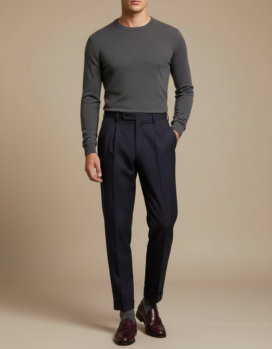 Pantalon À Pince Bleu Marine Plissé Élégant Fluide Homme - Gabardine