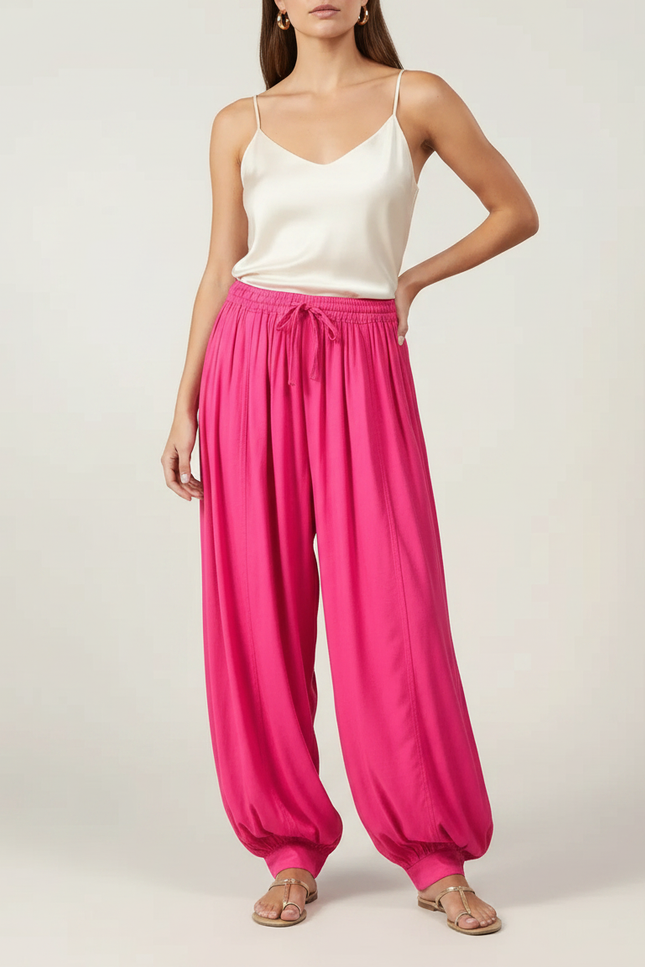Pantalon À Pince Fuchsia Ample Fluide Décontracté - Rose Viscose