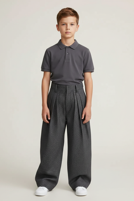 Pantalon À Pince Gris Rayé Ample Plissé Décontracté - Laine