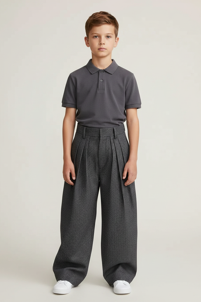 Pantalon À Pince Gris Rayé Ample Plissé Décontracté - Laine