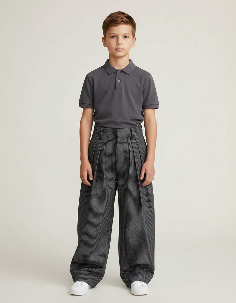 Pantalon À Pince Gris Rayé Ample Plissé Décontracté - Laine
