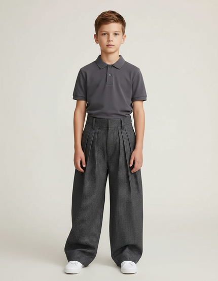 Pantalon À Pince Gris Rayé Ample Plissé Décontracté - Laine