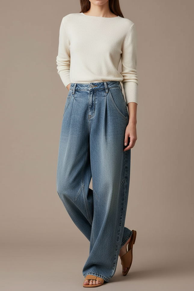 Pantalon À Pince Denim Bleu Ample Plissé Décontracté Femme - Jean