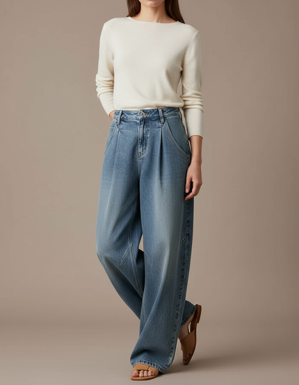 Pantalon À Pince Denim Bleu Ample Plissé Décontracté Femme - Jean