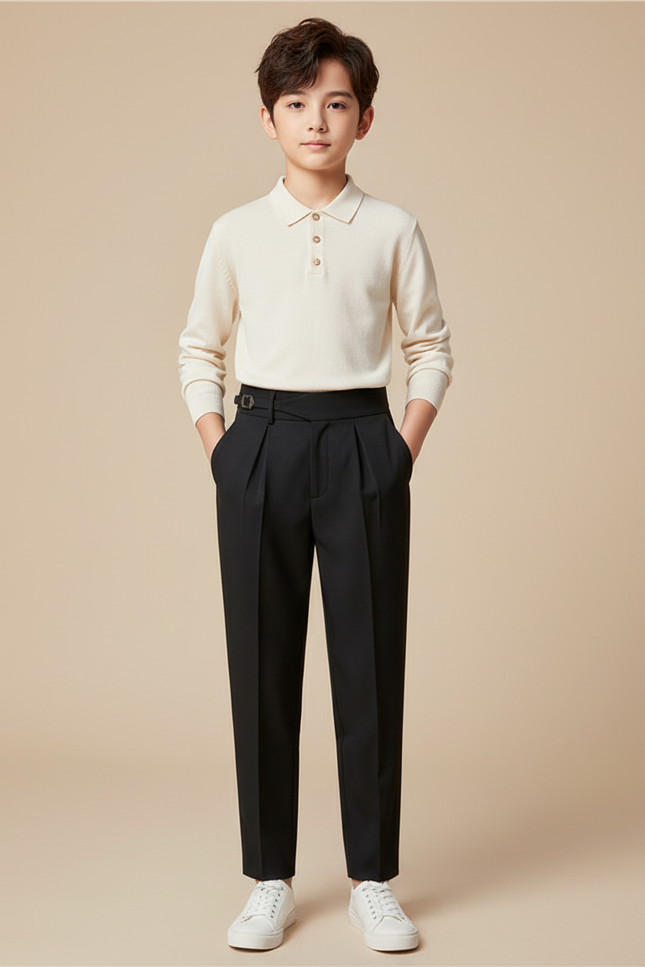 Pantalon À Pince Noir Plissé Élégant Garçon - Gabardine