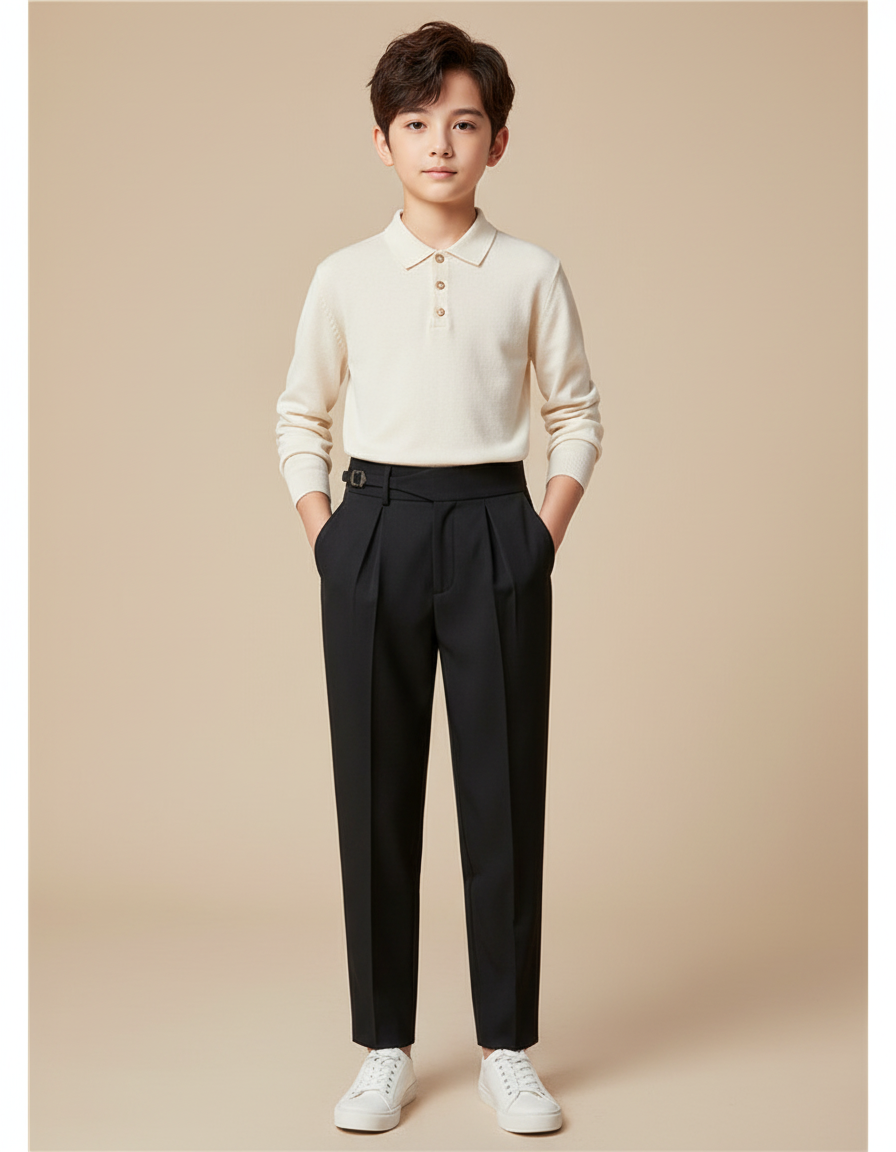 Pantalon À Pince Noir Plissé Élégant Garçon - Gabardine