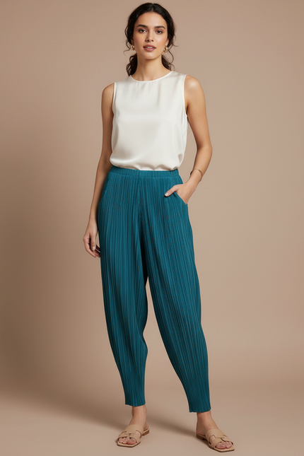 Pantalon À Pince Plissé Fluide Ample Vert Femme - Polyester