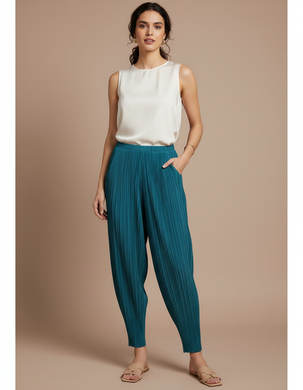 Pantalon À Pince Plissé Fluide Ample Vert Femme - Polyester