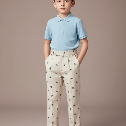 Pantalon À Pince Écru Brodé Papillons Garçon Élégant - Beige Toile