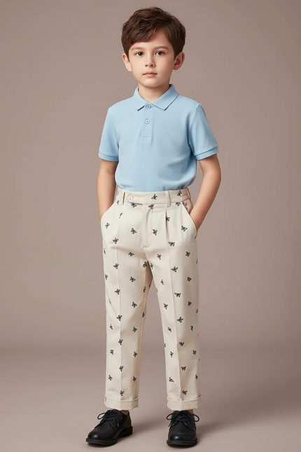Pantalon À Pince Écru Brodé Papillons Garçon Élégant - Beige Toile