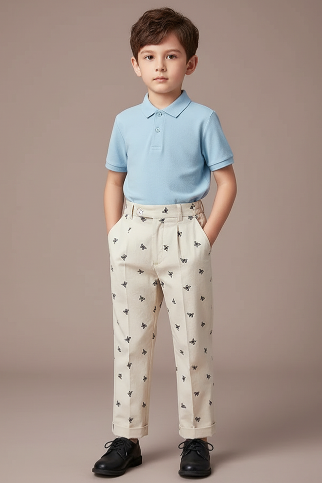 Pantalon À Pince Écru Brodé Papillons Garçon Élégant - Beige Toile