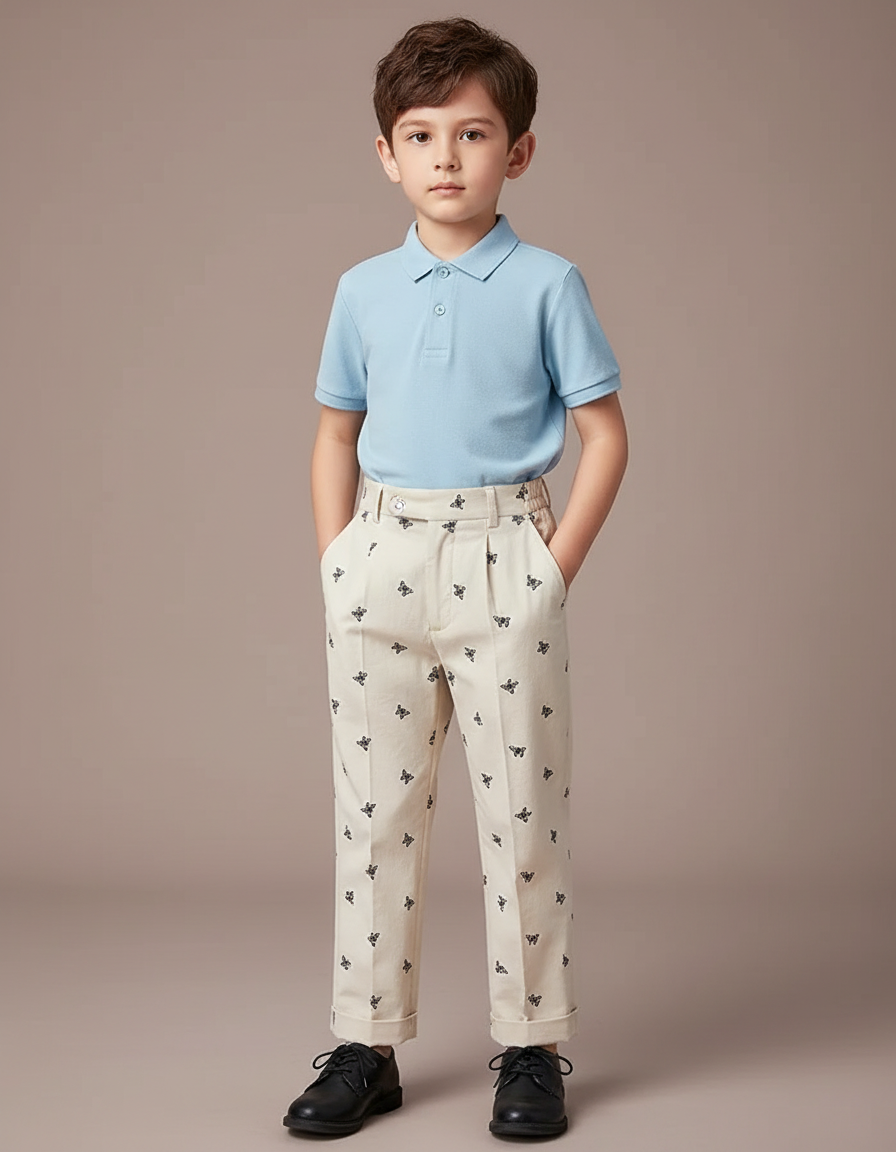 Pantalon À Pince Écru Brodé Papillons Garçon Élégant - Beige Toile