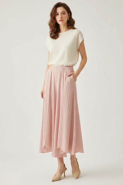 Pantalon À Pince Rose Plissé Fluide Côtelé Femme - Maille