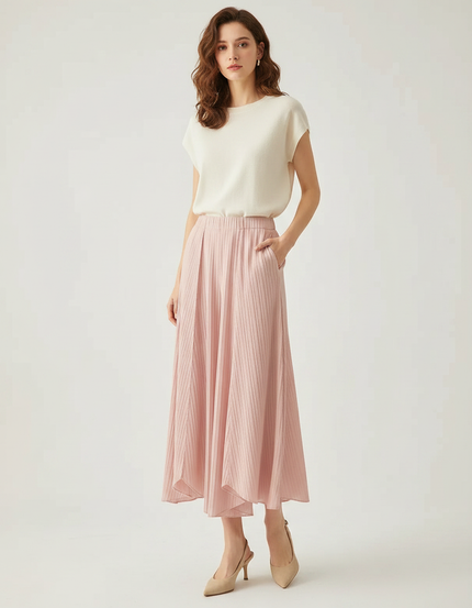 Pantalon À Pince Rose Plissé Fluide Côtelé Femme - Maille