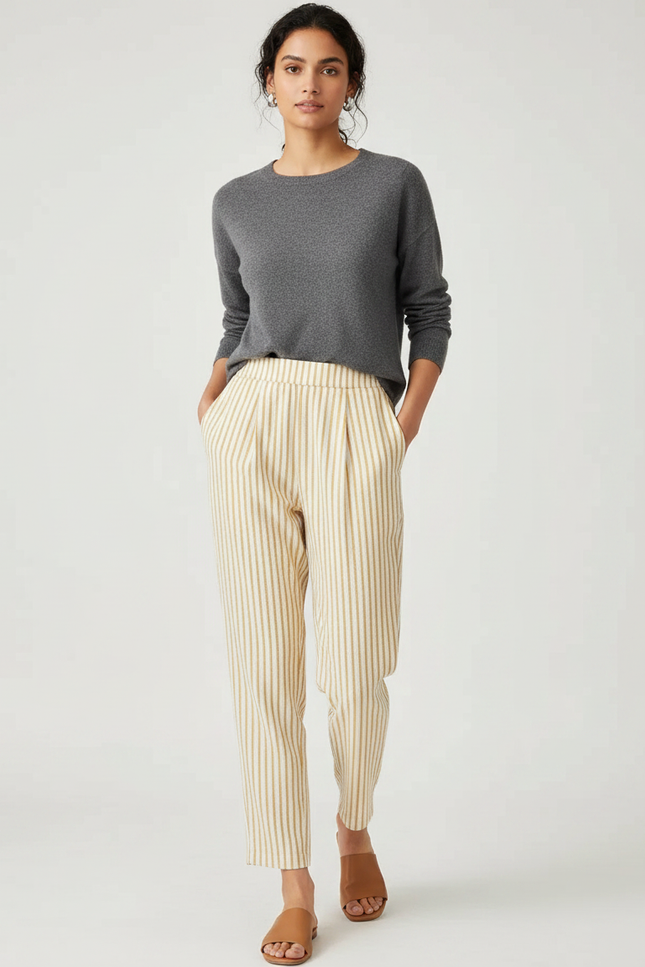 Pantalon À Pince Rayé Beige Décontracté Tapered Femme - Lin