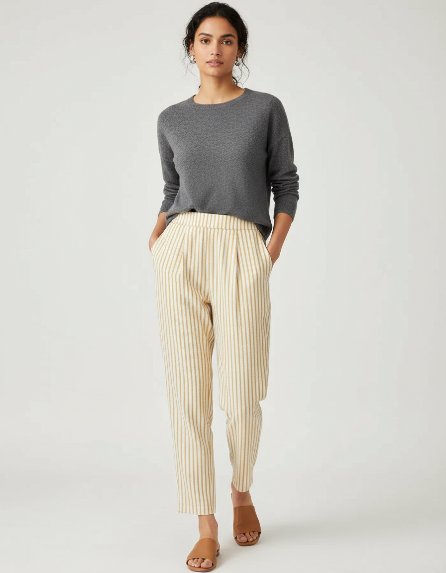 Pantalon À Pince Rayé Beige Décontracté Tapered Femme - Lin