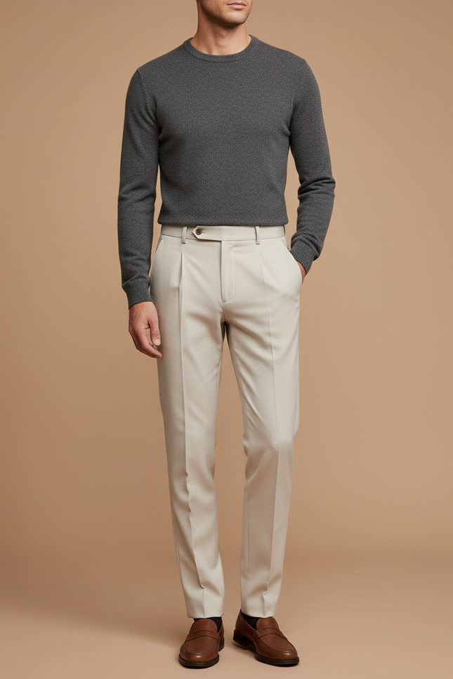 Pantalon À Pince Crème Plissé Droit Élégant Homme - Beige Gabardine