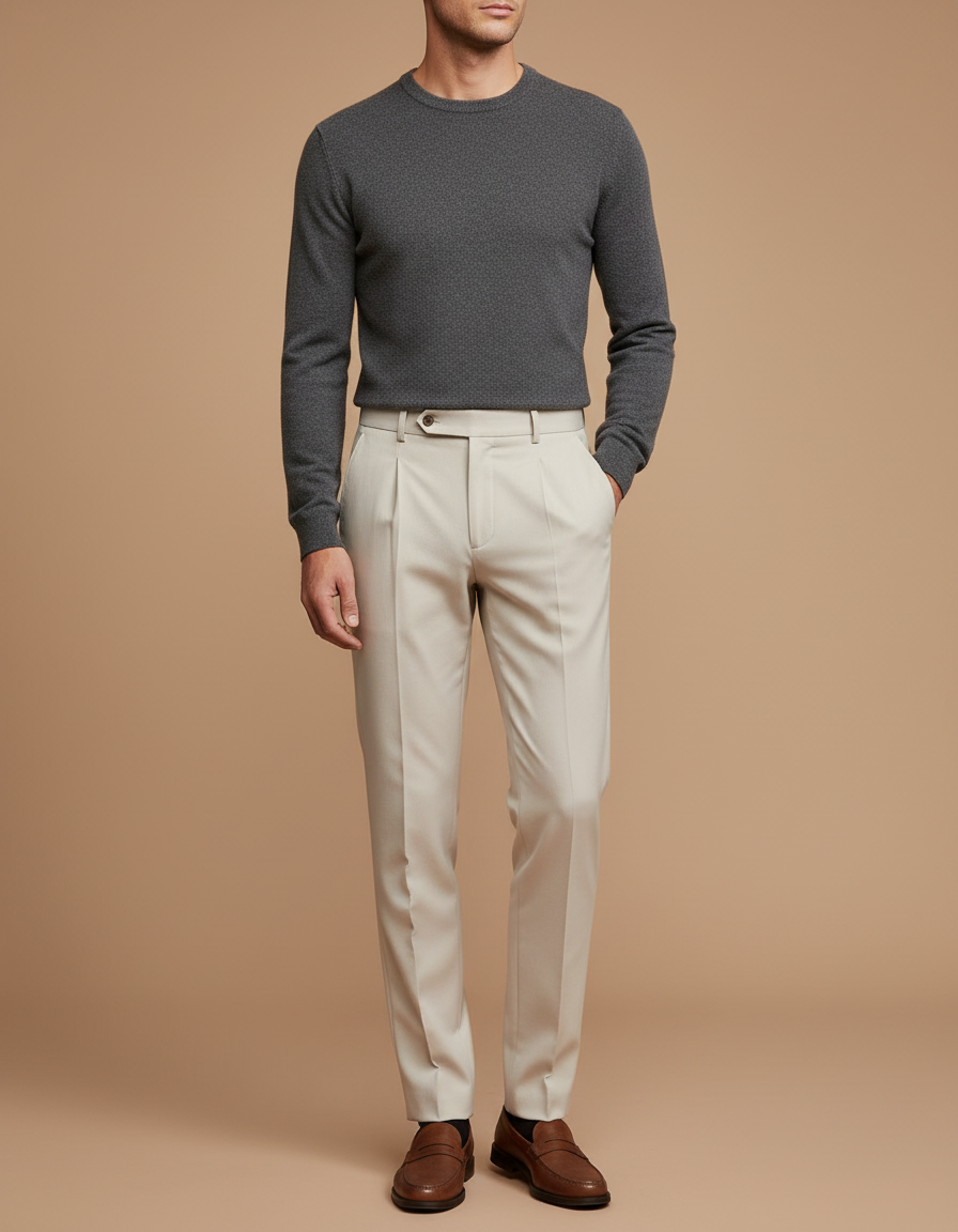 Pantalon À Pince Crème Plissé Droit Élégant Homme - Beige Gabardine