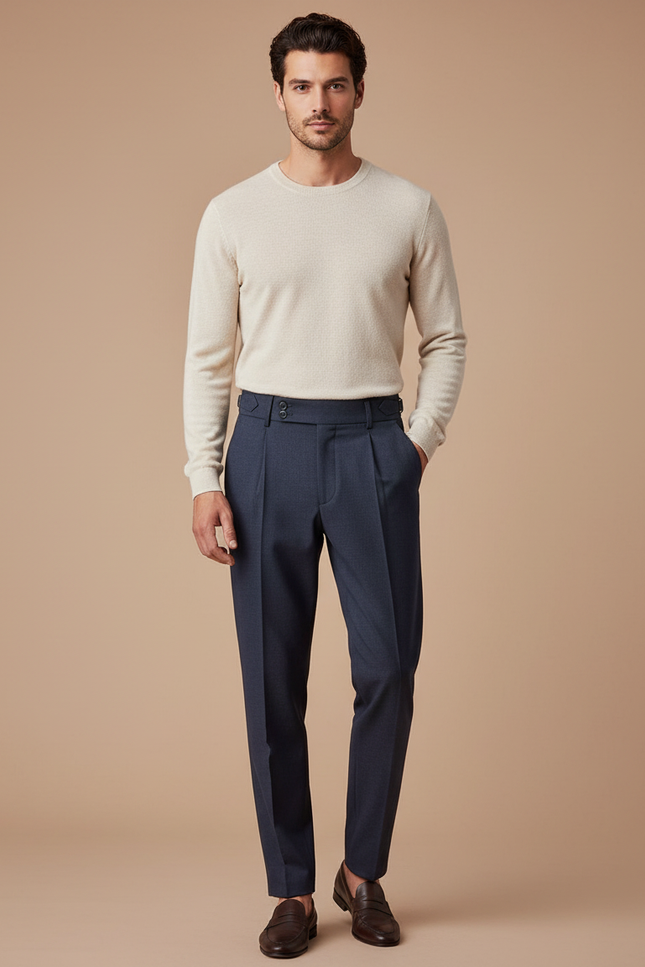 Pantalon À Pince Bleu Marine Plissé Ceinturé Homme - Gabardine