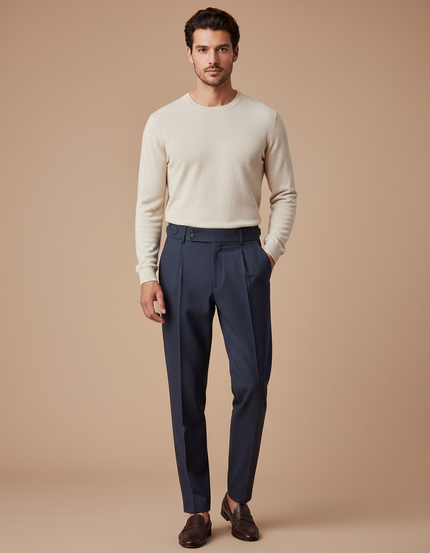 Pantalon À Pince Bleu Marine Plissé Ceinturé Homme - Gabardine